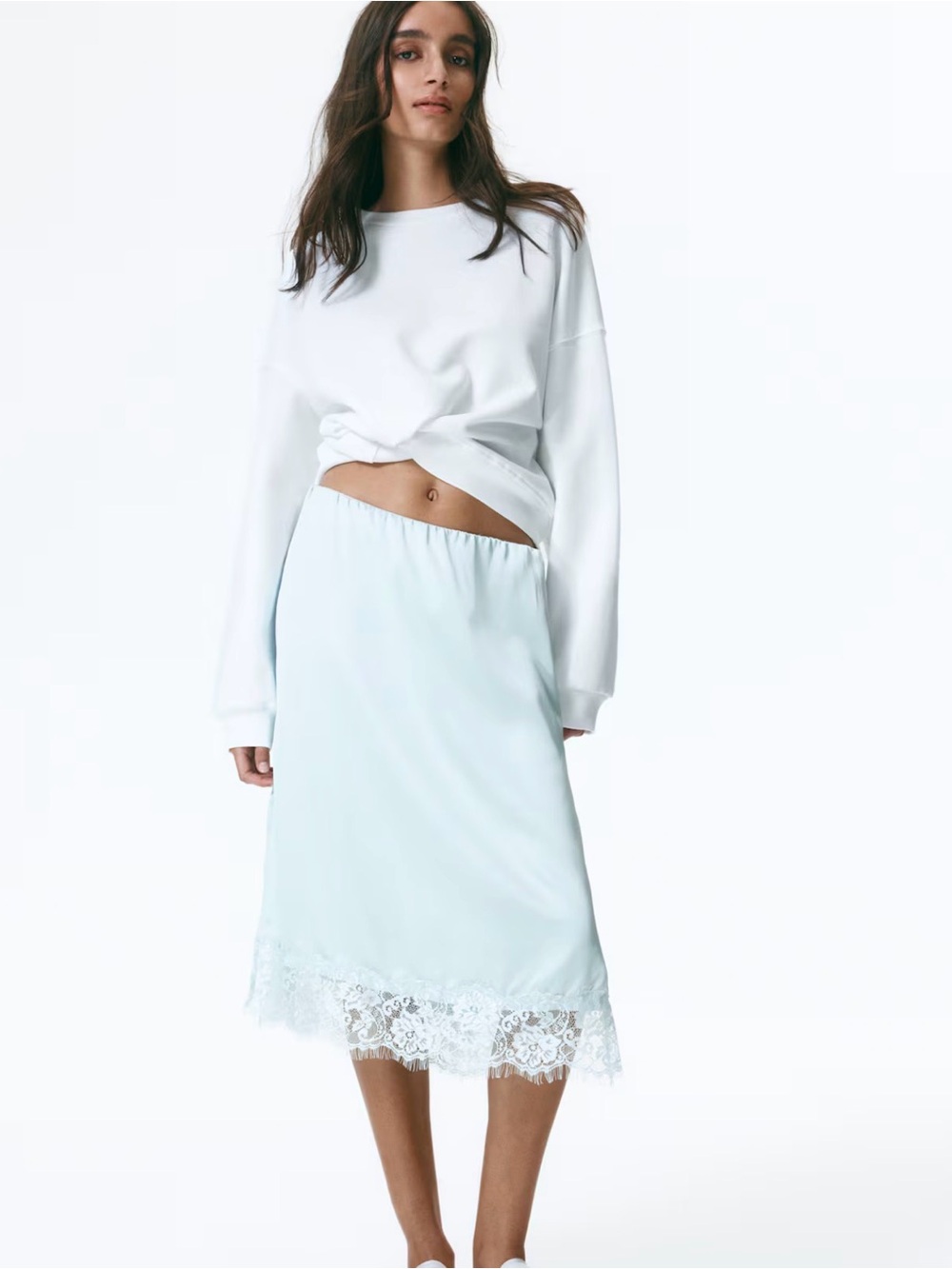 H&M Divided Pale Blue Lace-Hem Midi Skirt